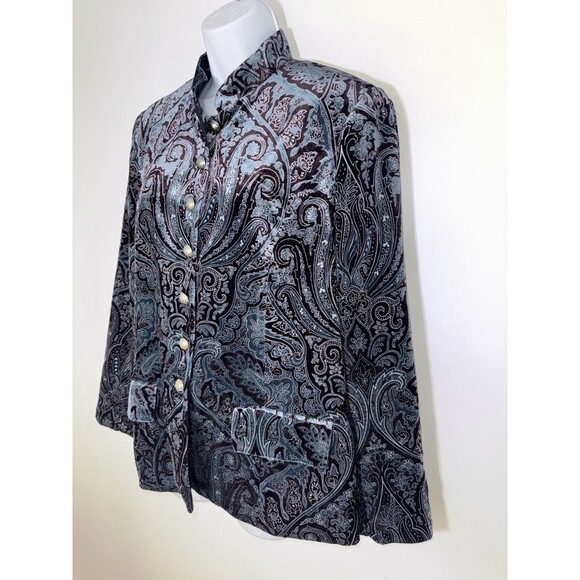Coldwater Creek Blue Velvet Blazer Paisley Pewter Buttons Women Large Petite - Picture 2 of 11